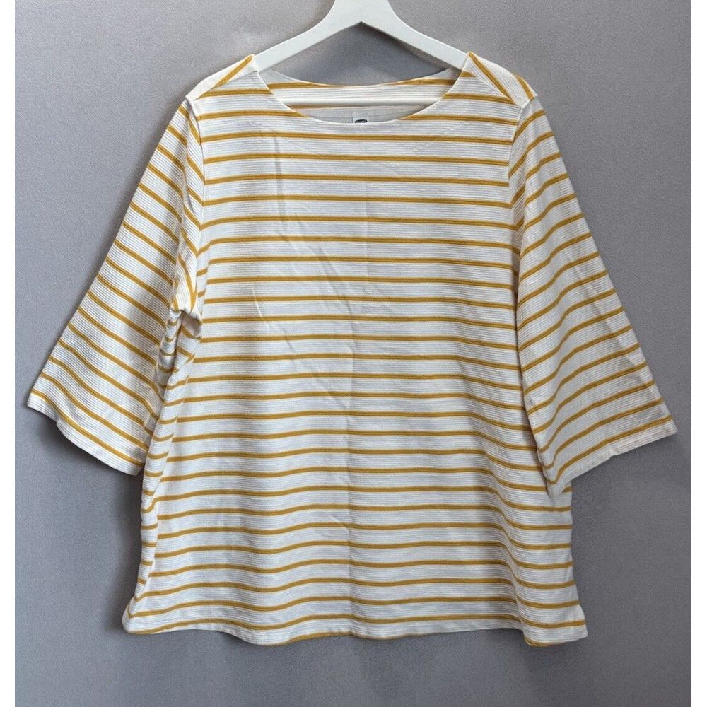 Old Navy Women's Plus Sz 3X Yellow White Stripe ¾ Sleeve Boatneck Stretch Blouse